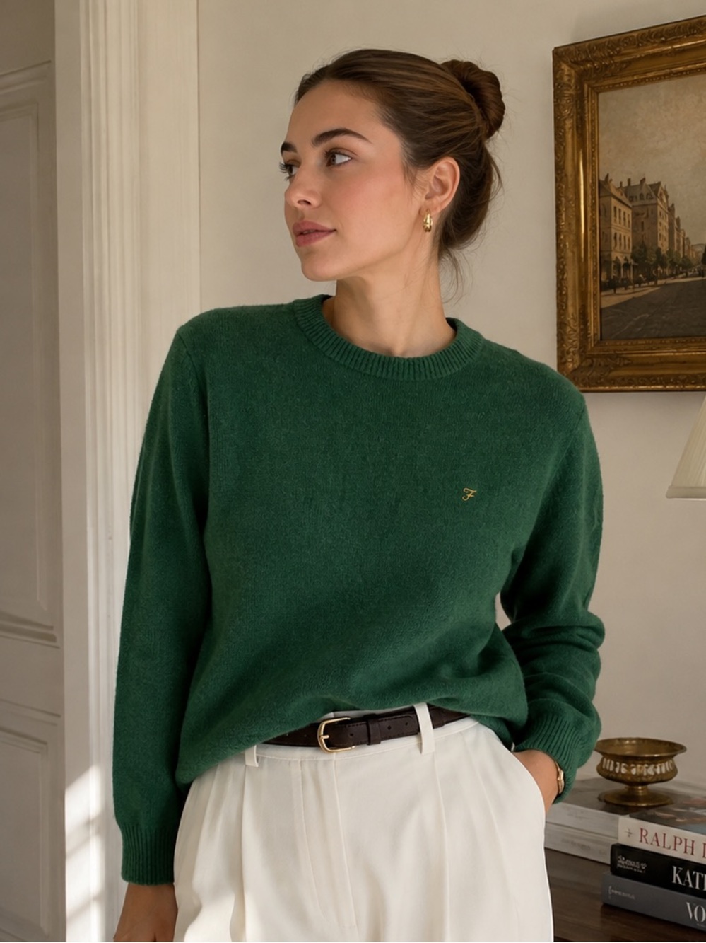 Farah 100% Lambswool Green Crewneck Sweater Women Small Quiet Luxury Old Money